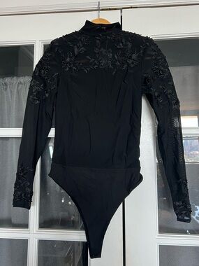 Jameela Jamil Black Long-Sleeve Embroidered Bodysuit